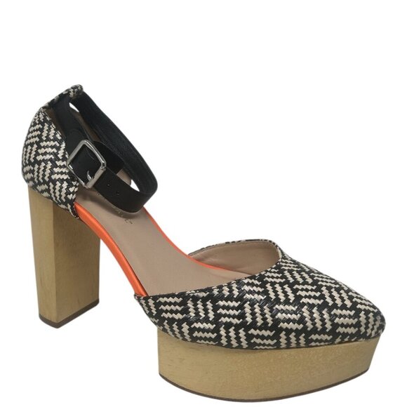 Rare Loeffler Randall Raffia Wooden Platform Pointed Toe Heels 8.5 Boho Retro - Picture 1 of 14